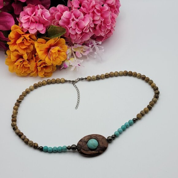 Vintage 925 Sterling Silver Picture Jasper And Turquoise Necklace 20" Adj. Boho - Picture 1 of 8